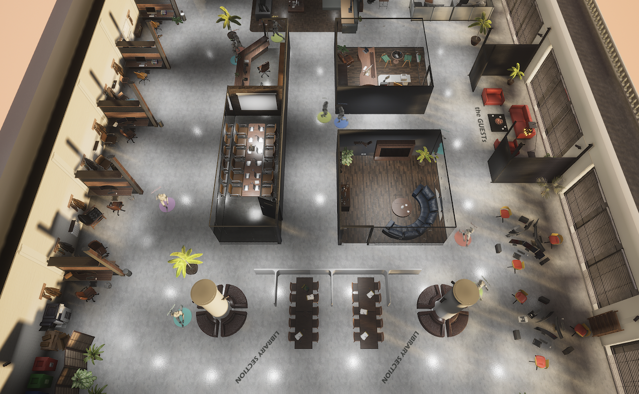 Library section with reading tables, desk rows and the guests lounge