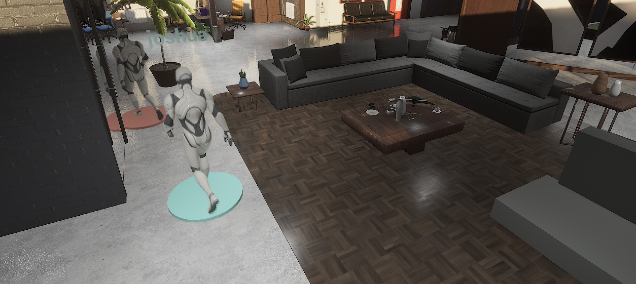 Agents walking on colored spawn pads near a large sectional sofa and coffee table on parquet flooring