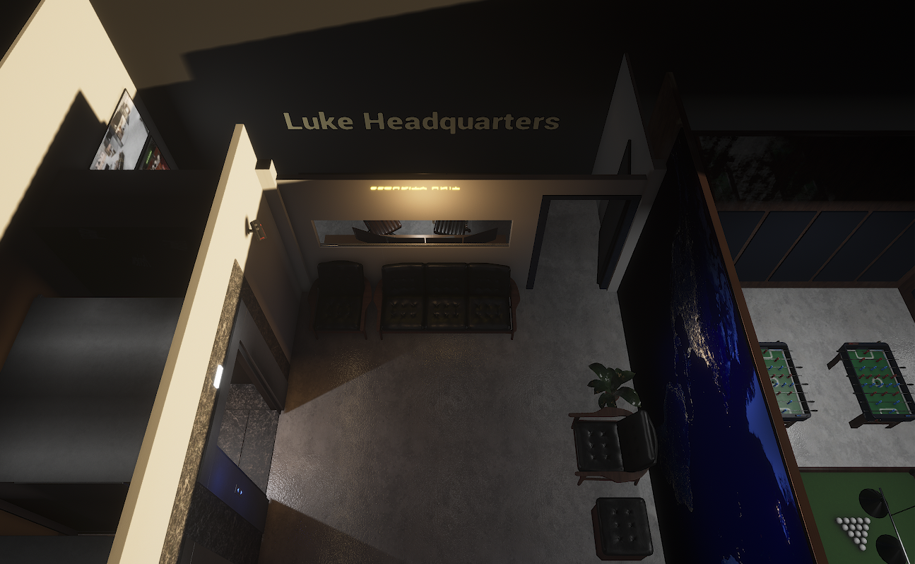 Dark executive lounge under a glowing Luke Headquarters sign with a window view of Earth from space