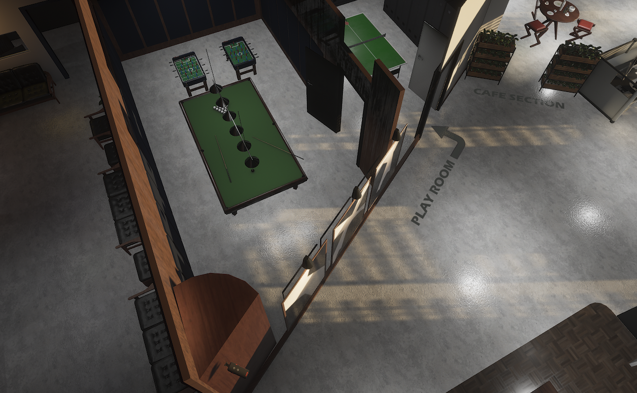 Play room with pool table, foosball and ping pong next to the café section