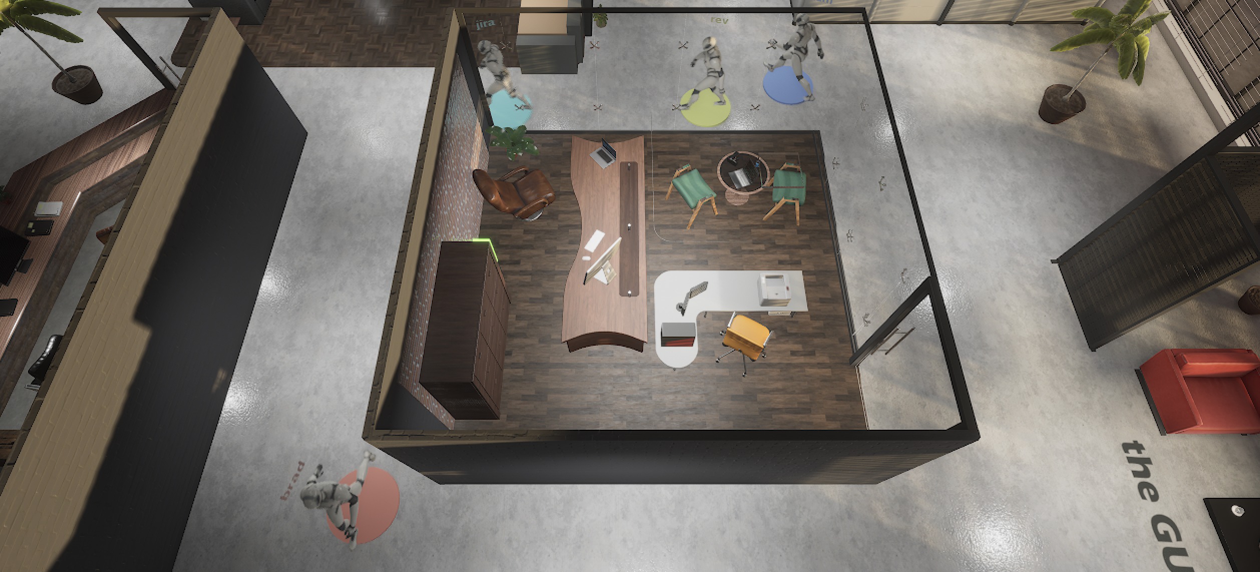 Top-down view of a private executive office with a curved wood desk and agents on colored pads